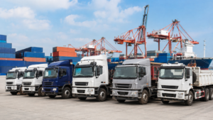 Used trucks from China prepared for export at an international shipping port
