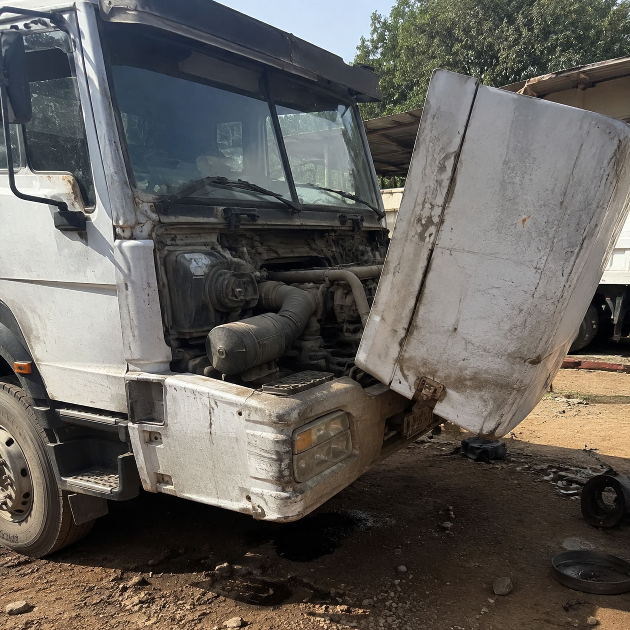 worn used semi-truck engine inspection before export