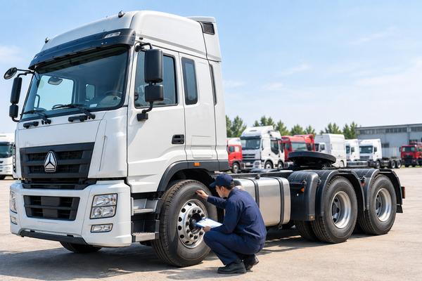 Used semi-truck inspection at a truck yard