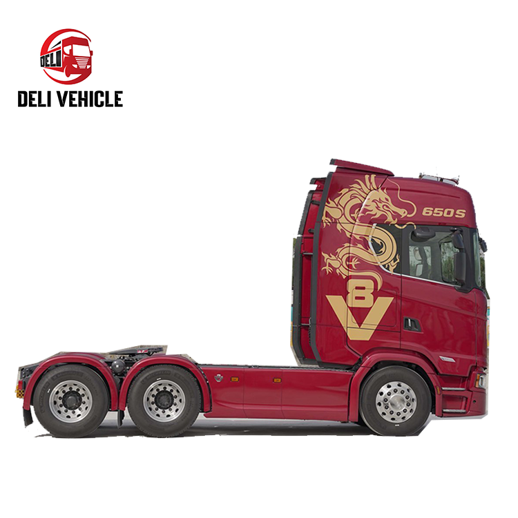 High quality for used scania S650 tractor used tractor's trucker tractor truck for sale, premium S series flagship heavy duty red tractor, full left side view showing chassis and fuel tanks