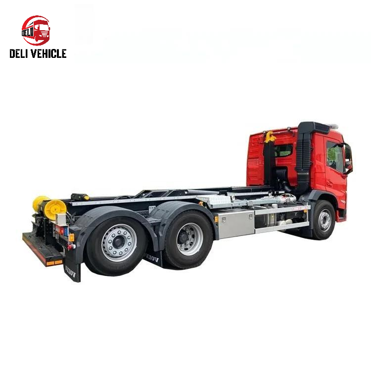 Left rear chassis view of good condition VOLVO FM420 6x2 used tractor truck, 420HP heavy duty red tractor showing undercarriage and rear axles