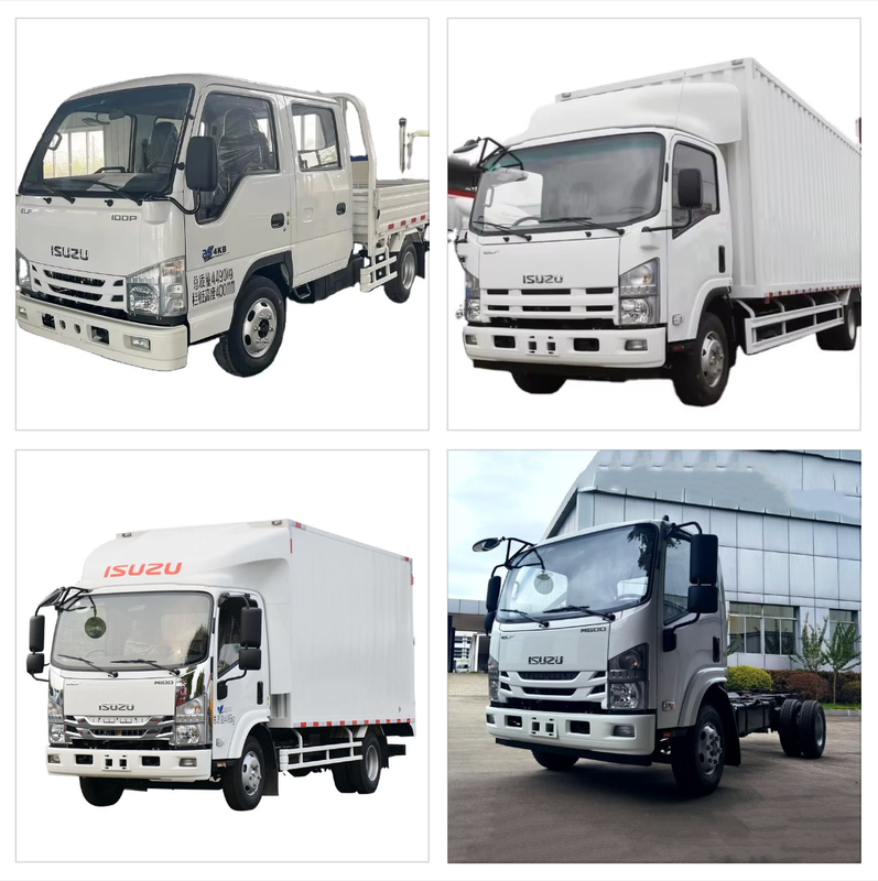 Collection of Isuzu M series light trucks in multiple angles and body types, including chassis and van versions, good condition used diesel trucks