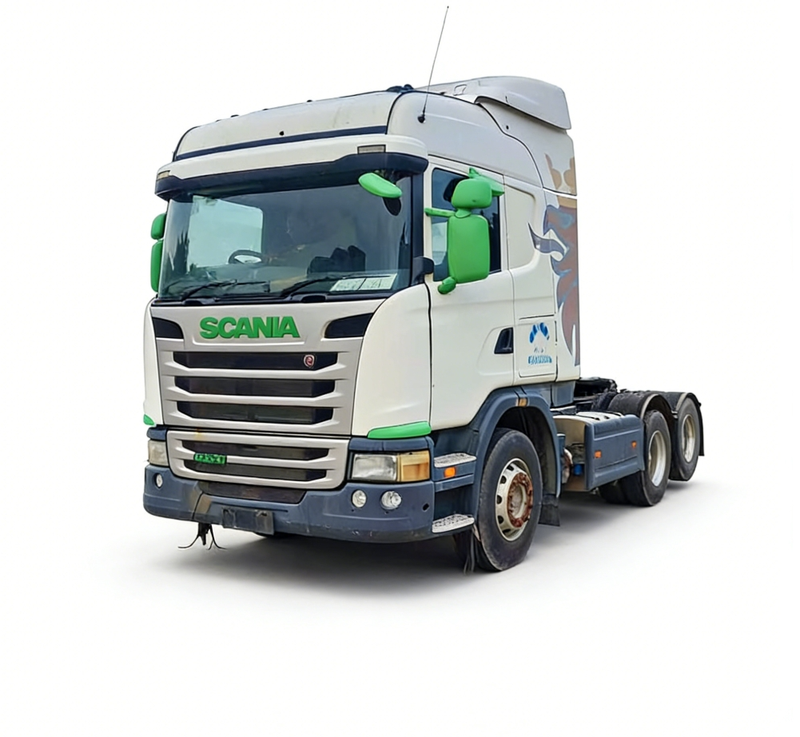 Used SCANIA G440 6x2 automatic tow truck left front 45 degree view, high quality second-hand heavy tractor, outdoor storage yard scene