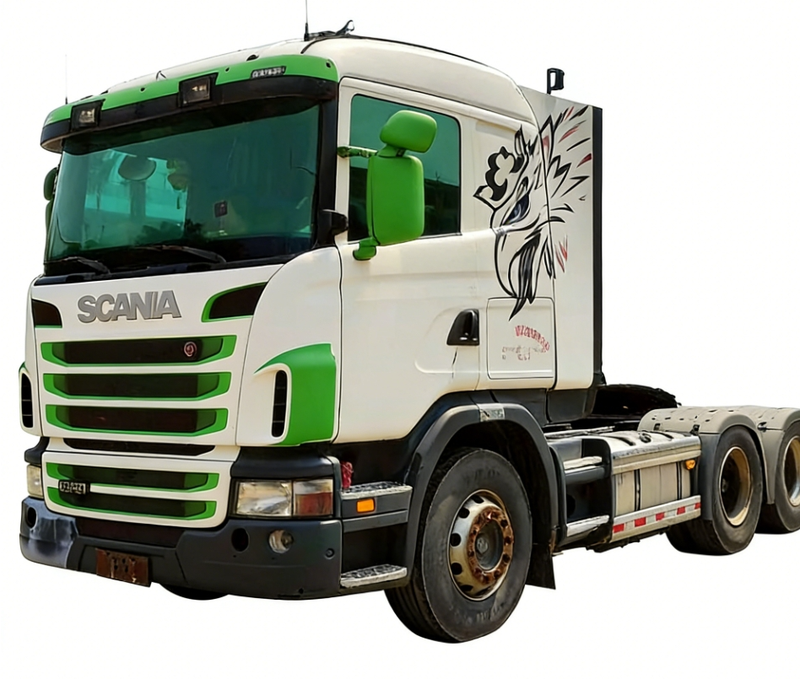 Cheap used Scania G420 heavy duty truck imported from Sweden, left front 45 degree side view with green stripe cab