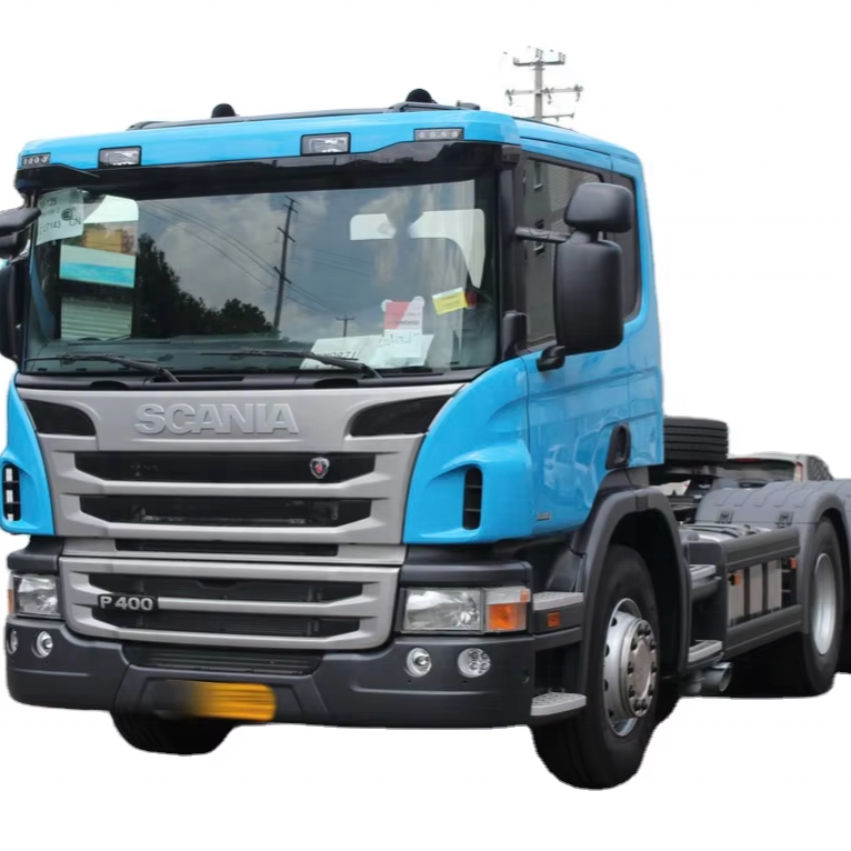 Used tractor trucks low price truck tractor SCANIA P380 P400 P410 P340 trailer truck head, P series utility heavy duty tractor with blue cab, left front 45 degree view