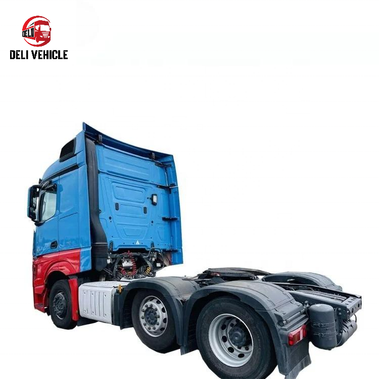 High quality USED Euro truck for Mercedes Benz 1846 4140 AXOR 1840 Actros 2644 1848 2648 2658 2652 2641 2653 4X2 6X2 used truck, second hand heavy duty tractor head with blue cab, rear left side view showing rear chassis and axles