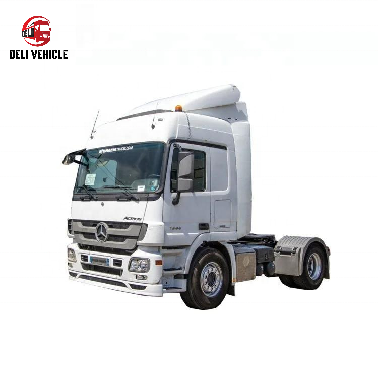 - Left front side view of good condition used truck for Mercedes 1844 4X2, second hand heavy duty tractor head with white high roof cab