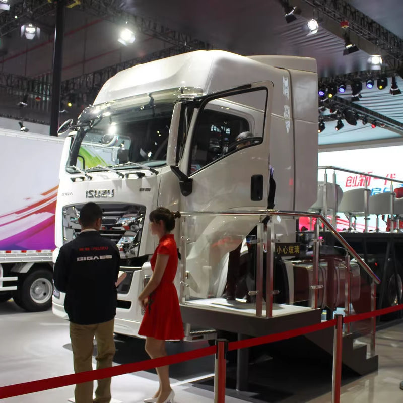 Close-up front view of used Isuzu Giga VC61 420hp 4x2 diesel tractor head, Euro 5 left steering heavy truck