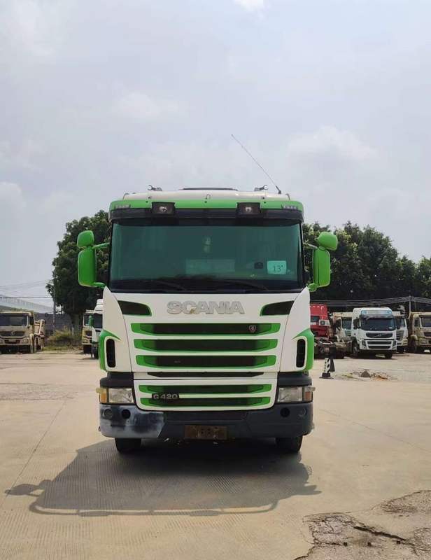 Second-hand Scania G420 truck imported from Sweden, front face view in outdoor storage yard, cheap used heavy tractor