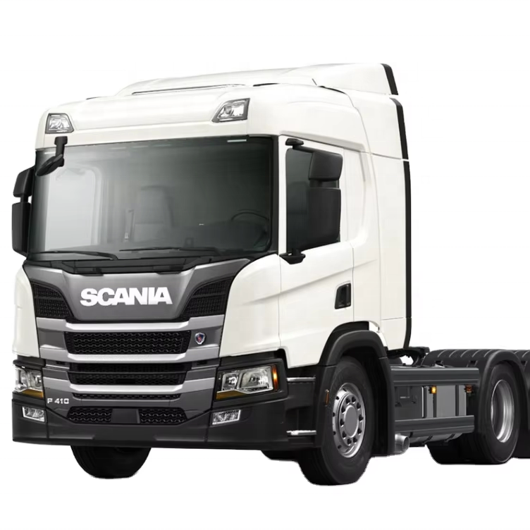 Used tractor trucks low price truck tractor SCANIA P380 P400 P410 P340 trailer truck head, P series utility heavy duty tractor with white cab, left front 45 degree view