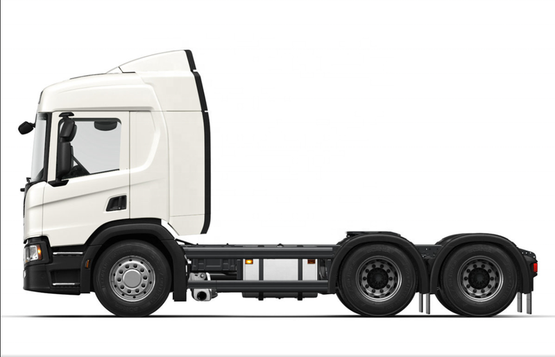 High quality tractor truck SCANIA P410 6x4 used tractor truck for sale, 410HP heavy duty tractor showing chassis frame and tandem rear drive axles, left side chassis view
