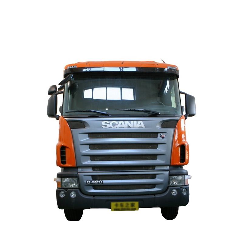 Used for scania G380 G420 G440 G450HP P380 tractor head hot sale manual gearbox left hand steering china 6x4 cheap used truck, heavy duty tractor with orange cab, front face view, manual transmission