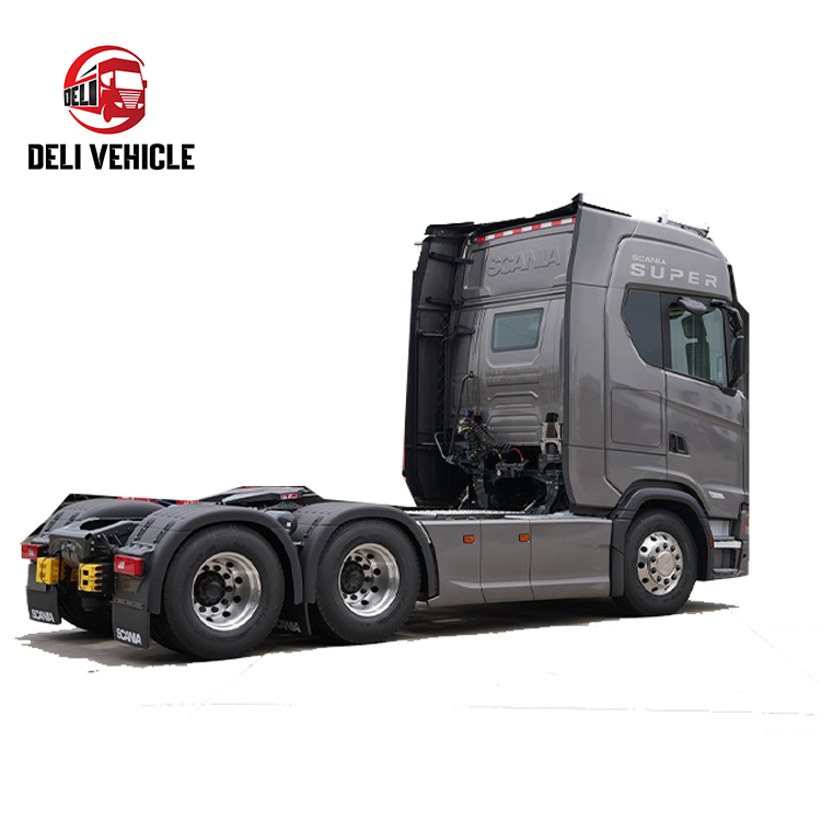 High quality used 6x2 truck for SCANIA S560 used truck second hand trailer truck, premium S series heavy duty silver grey tractor, full left side view showing chassis and axles