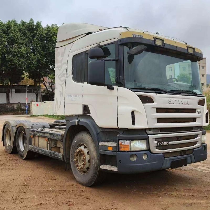 Second-hand SCANIA P380 6x2 high quality heavy duty truck, full right side view in industrial storage yard scene