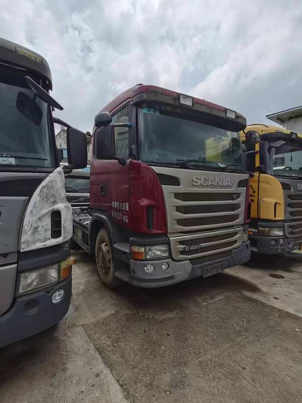 Scania commercial vehicle G series heavy truck 420hp 6x2 truck, 420HP heavy duty red tractor, right front 45 degree view storage yard scene