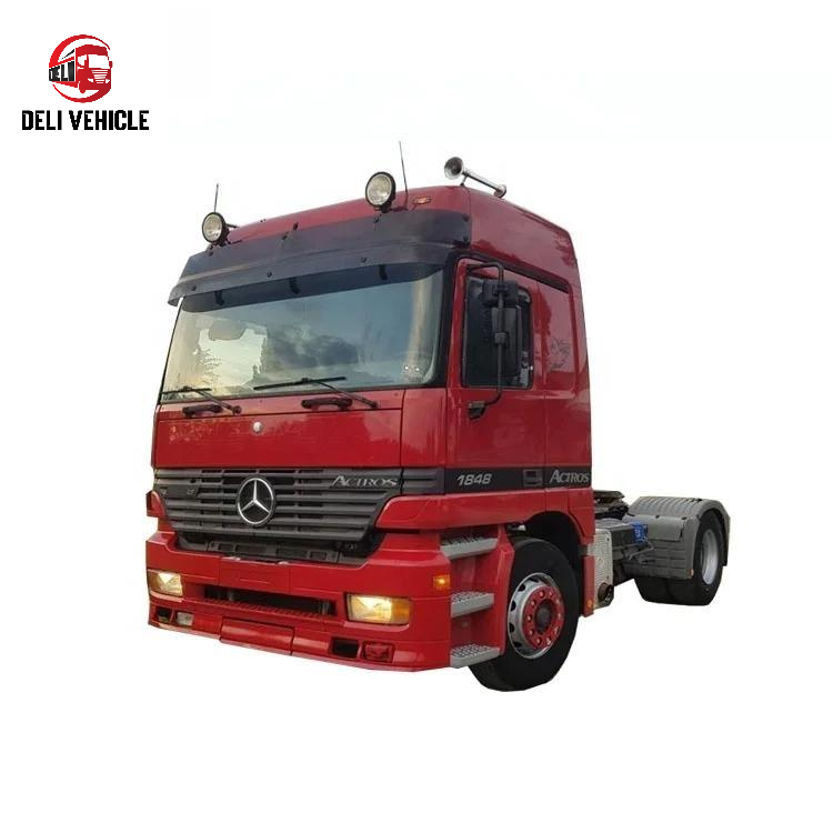Right front side view of USED Mercedes 1848 4X2 Euro truck, 480HP second hand heavy duty used tractor head with red cab