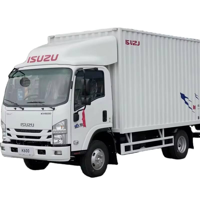Right front side view of good condition Isuzu KV100 KV600 KV800 4x2 enclosed van cargo truck, diesel fuel Euro 6 manual light duty truck for sale