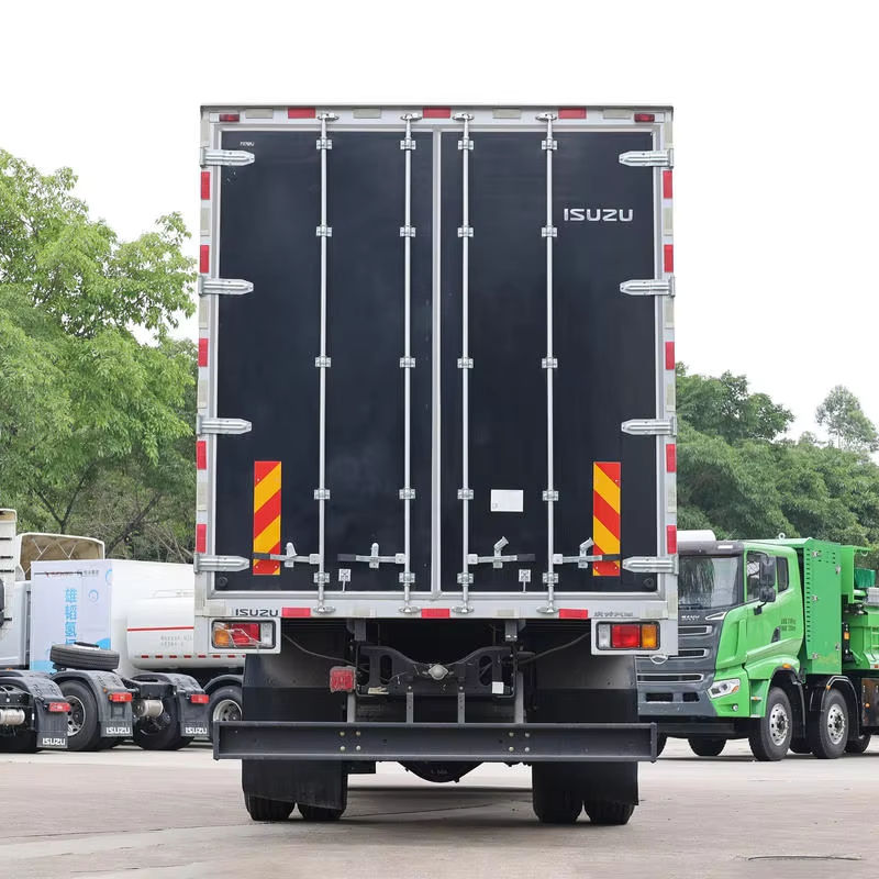 Rear view of Isuzu Giga 4x2 240hp Euro6 van freight truck, showing double rear doors of enclosed cargo box, used for sale