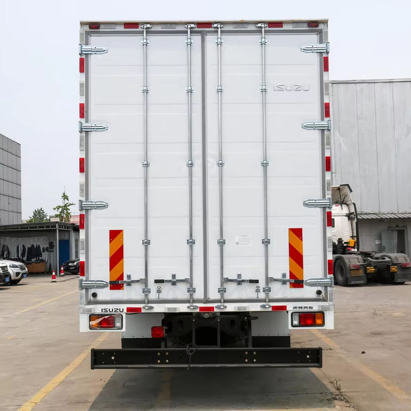 Rear view of Isuzu Giga 4x2 10 ton payload van cargo box truck, showing double rear doors, good condition used truck for sale