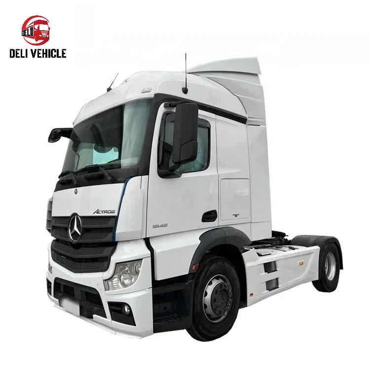 Left front view of USED Euro truck for Mercedes 1848 4X2 used truck, 480HP second hand heavy duty tractor head with white high roof cab