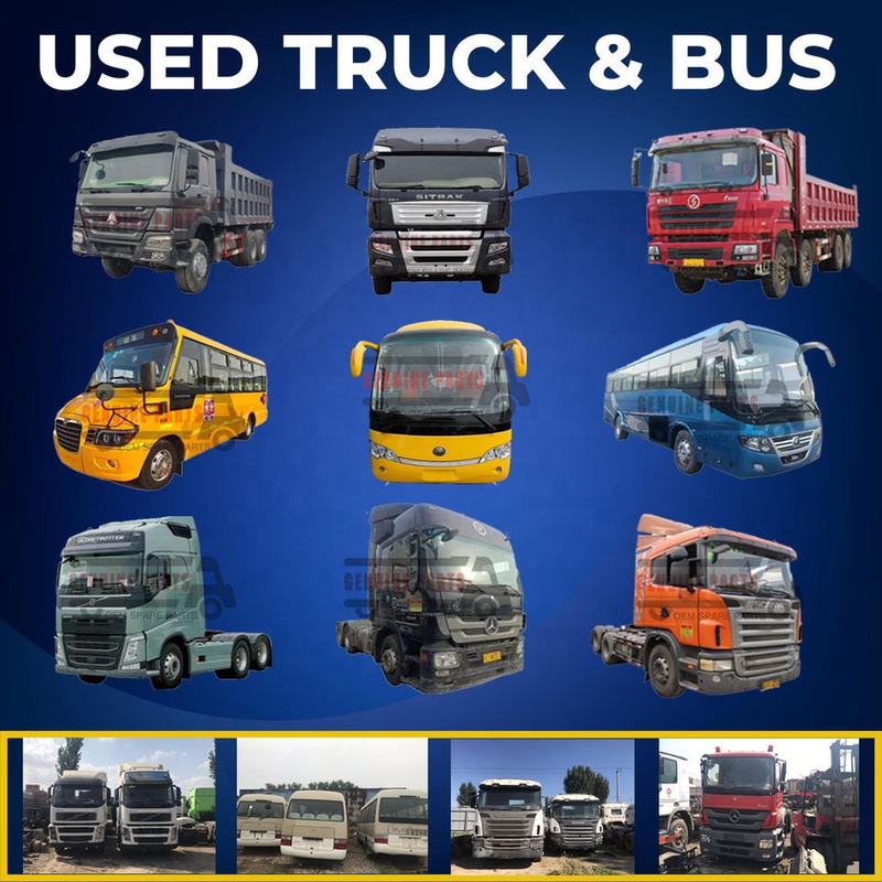 Second hand VOLVO tractor truck trailer truck head FH460 FH440 FH420 FH400 FH500, collection of various used trucks and buses in stock, with "USED TRUCK & BUS" label, wide range of models