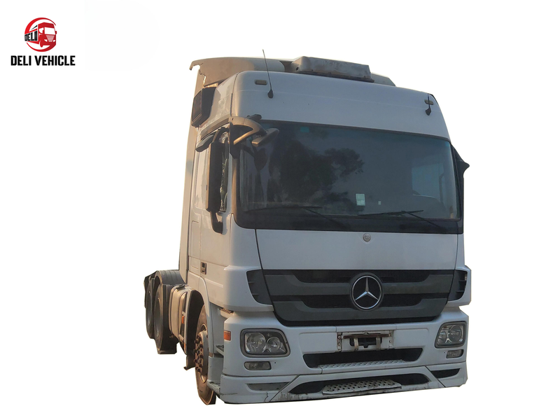 High quality USED Euro truck for Mercedes Benz full series 4X2 6X2 used truck, second hand heavy duty tractor head with white high roof cab, right front side view, covering all 1846 4140 AXOR 1840 Actros 2644 1848 2648 2658 2652 2641 2653 models
