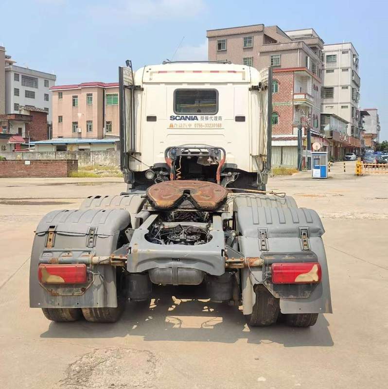Cheap used Scania G420 heavy duty truck rear view, imported from Sweden second-hand tractor, showing rear chassis and drive axles