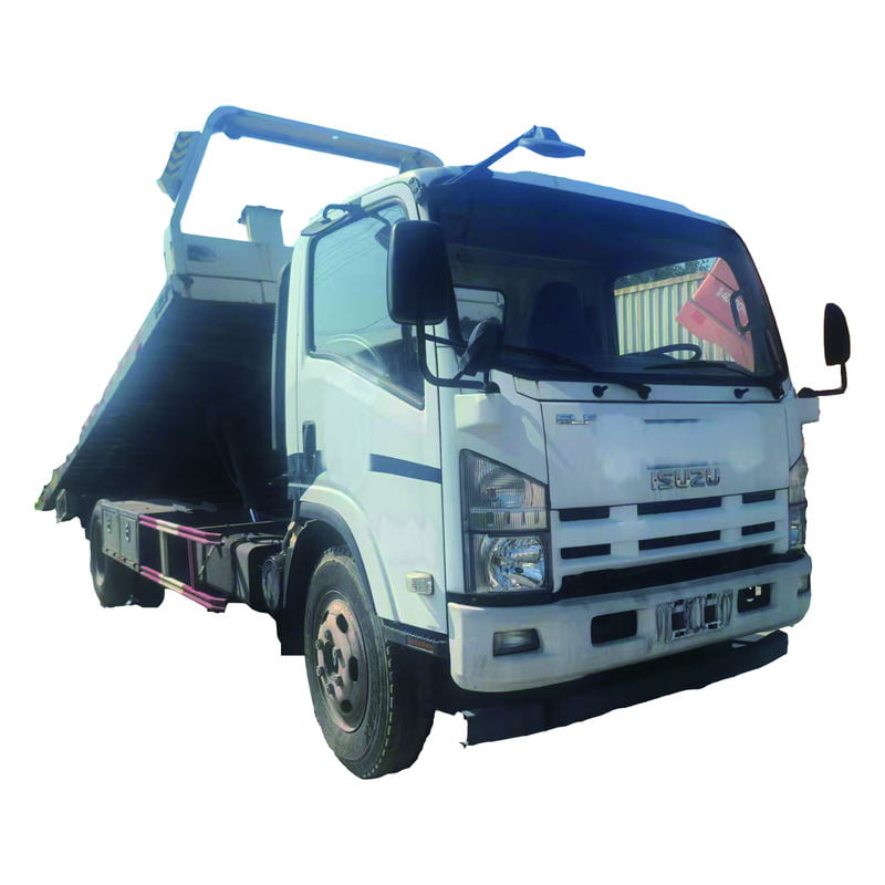 Front left view of white used Isuzu 3 ton diesel flatbed wrecker tow truck