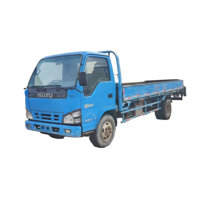 Front left view of blue used Isuzu 700P 4x2 original diesel light flatbed cargo truck