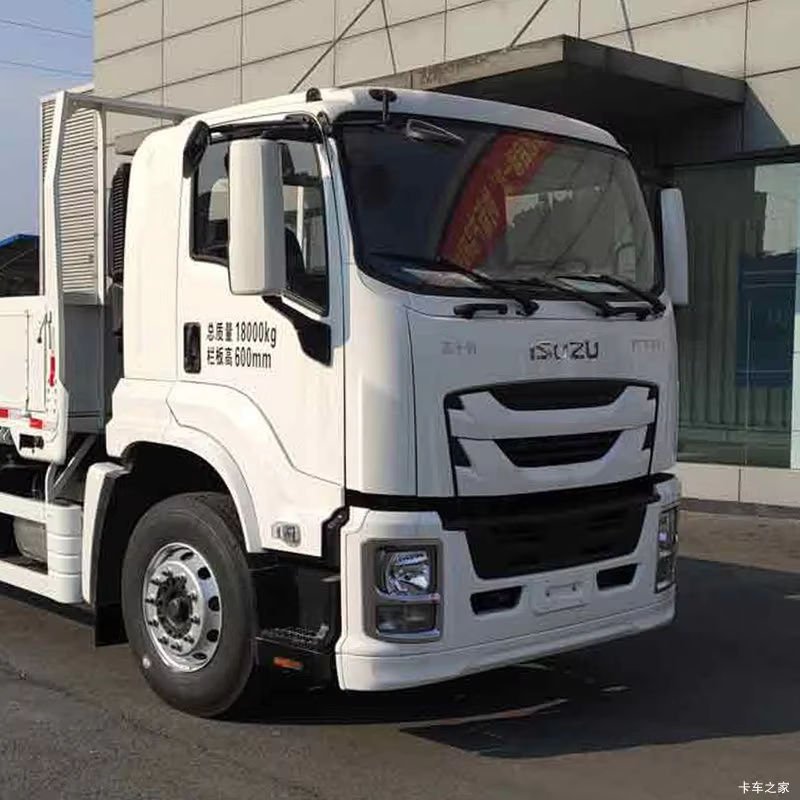 Left front side view of Isuzu Giga 4x2 205hp manual transmission 10 ton cargo truck with side panel