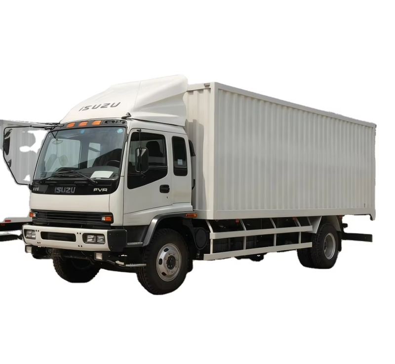 Full left side view of used Isuzu Fvr 241hp 8.6m box-type heavy duty cargo freight truck