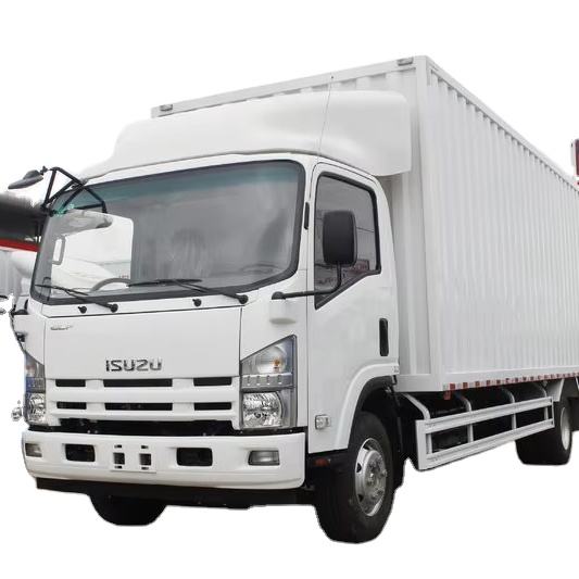 Right front side view of used Isuzu 700p 4x2 diesel light duty cargo van truck