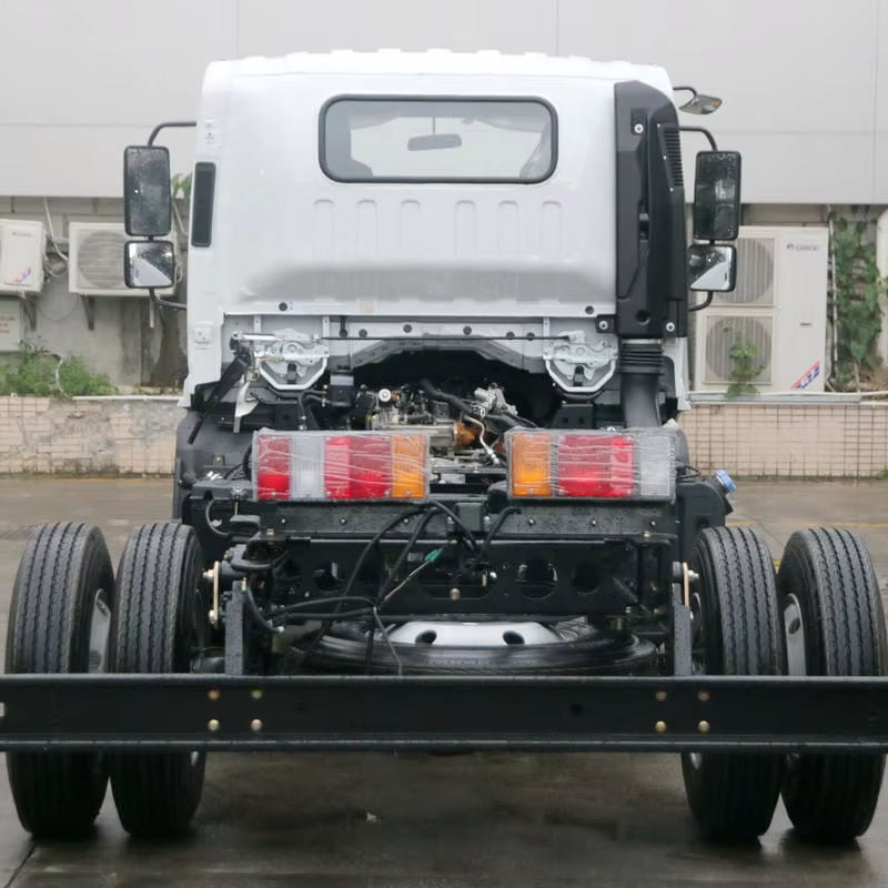 Rear chassis view of Isuzu M600 4x2 diesel cargo truck, showing rear frame and axle assembly