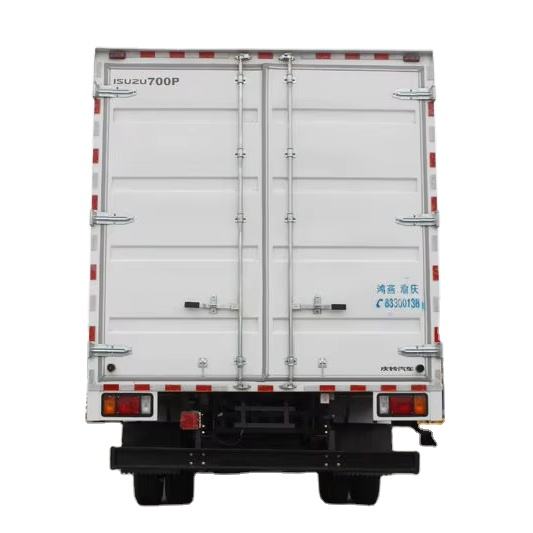 Rear view of Isuzu 700p 4x2 diesel van truck, showing double rear doors of enclosed cargo box